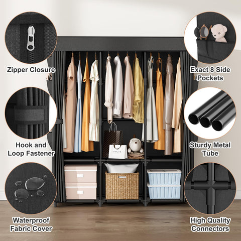 BrFoYu Wardrobe Closet 3 hanging rods optimize garment organization and versatility.