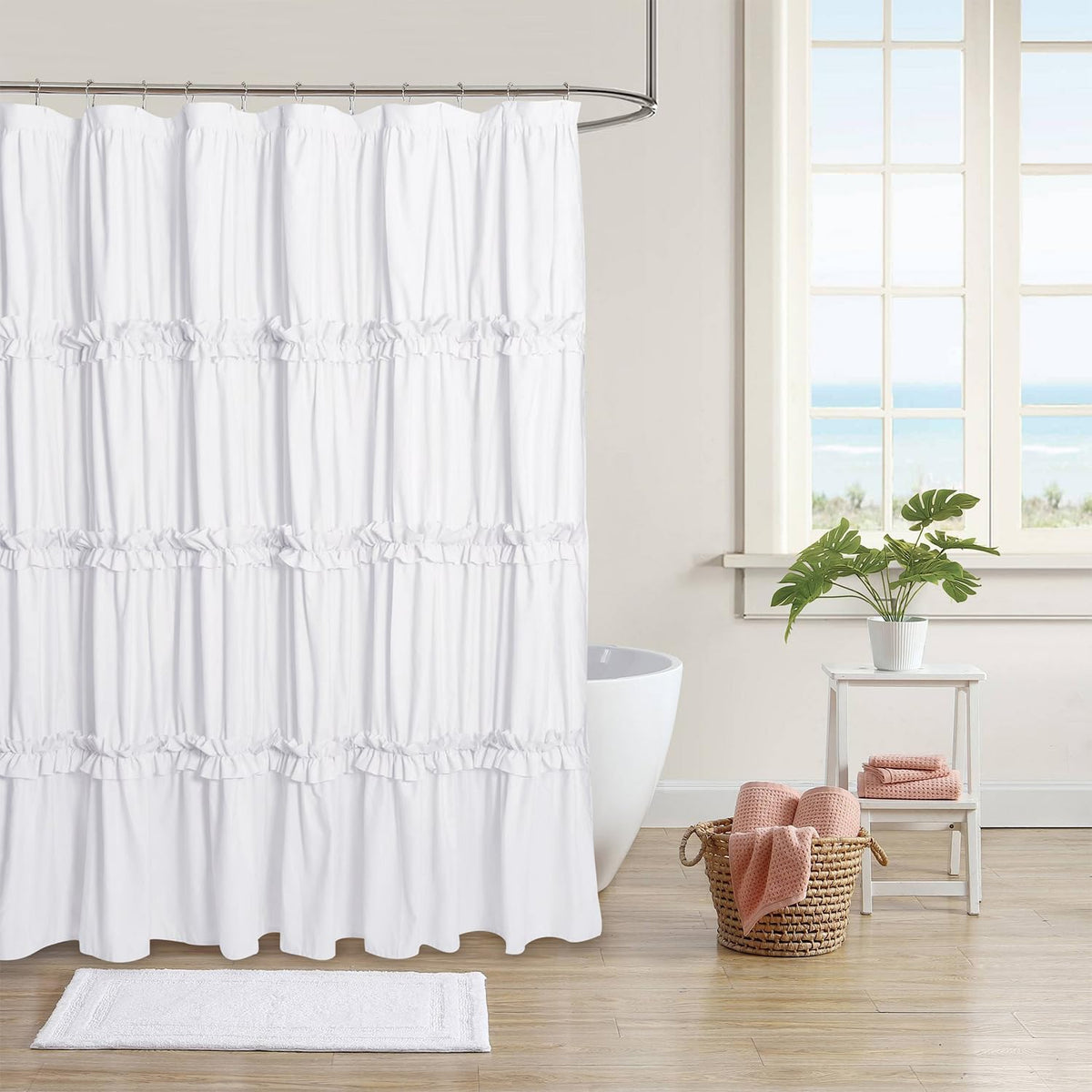 BRHF farmhouse ruffle shower curtain close-up showing handcrafted ruched texture