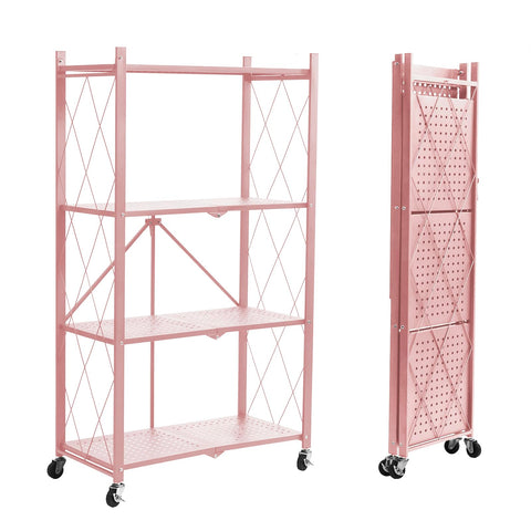BRIAN AND DANY pink 4-tier shelf with wheels for easy garage organization.