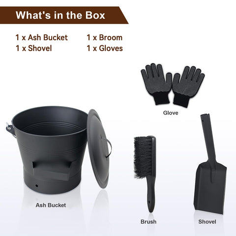 BRIAN & DANY ash bucket with hand broom assists quick hearth cleanup.