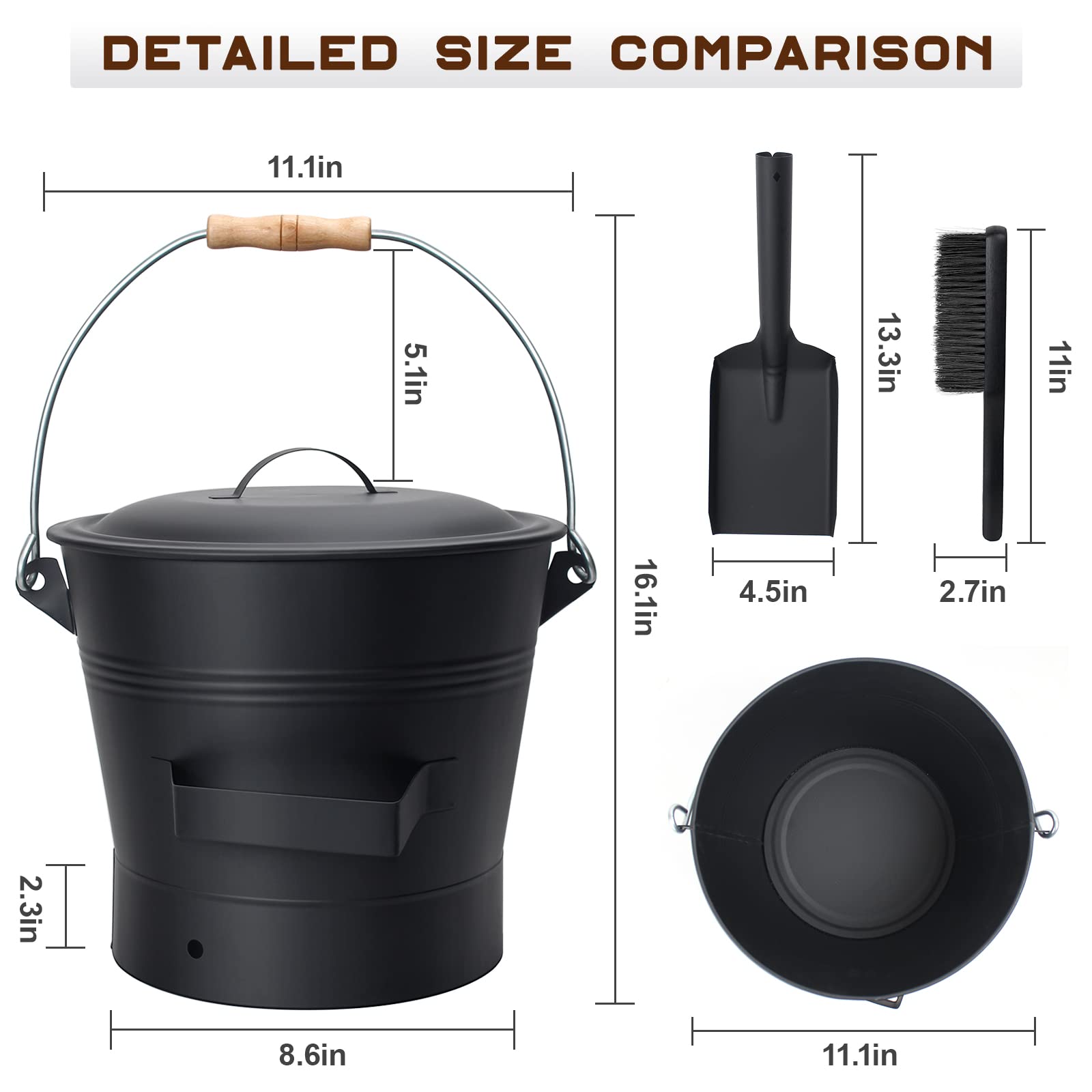 BRIAN & DANY ash bucket with shovel included for easy ash disposal after fires.