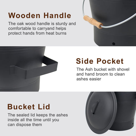 BRIAN & DANY ash bucket side pocket keeps the shovel secure while cleaning.