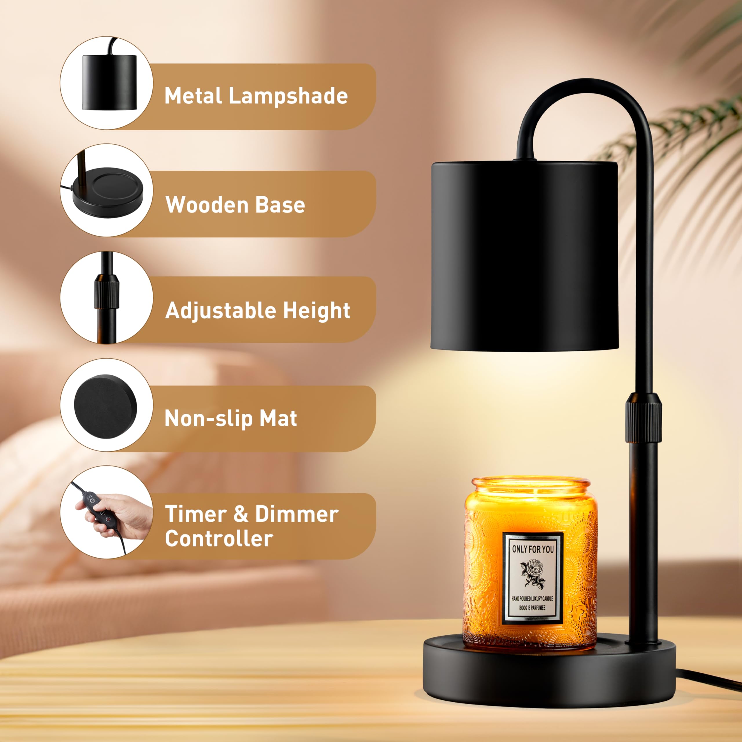 Briever candle warmer controls panel enables easy temperature and timer adjustments for customized scent.