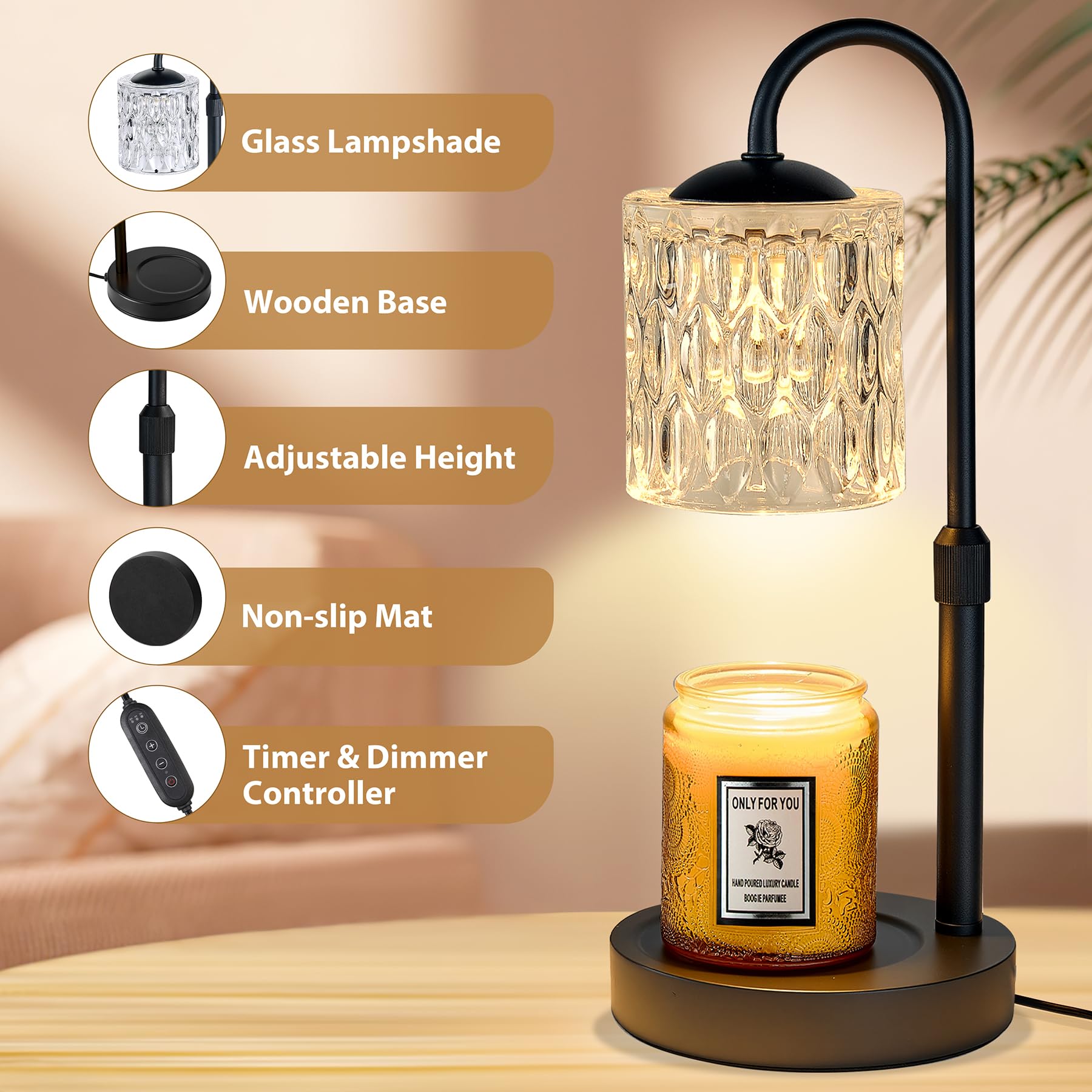 Briever candle warmer height-adjustment showcases versatile setup for any candle size.