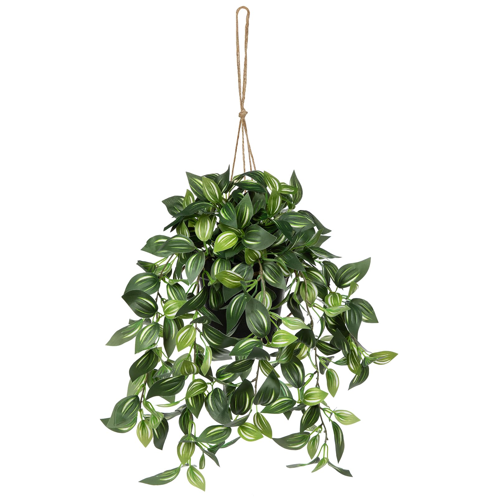 Briful artificial hanging plant in black pot with cascading leaves for indoor décor versatility.