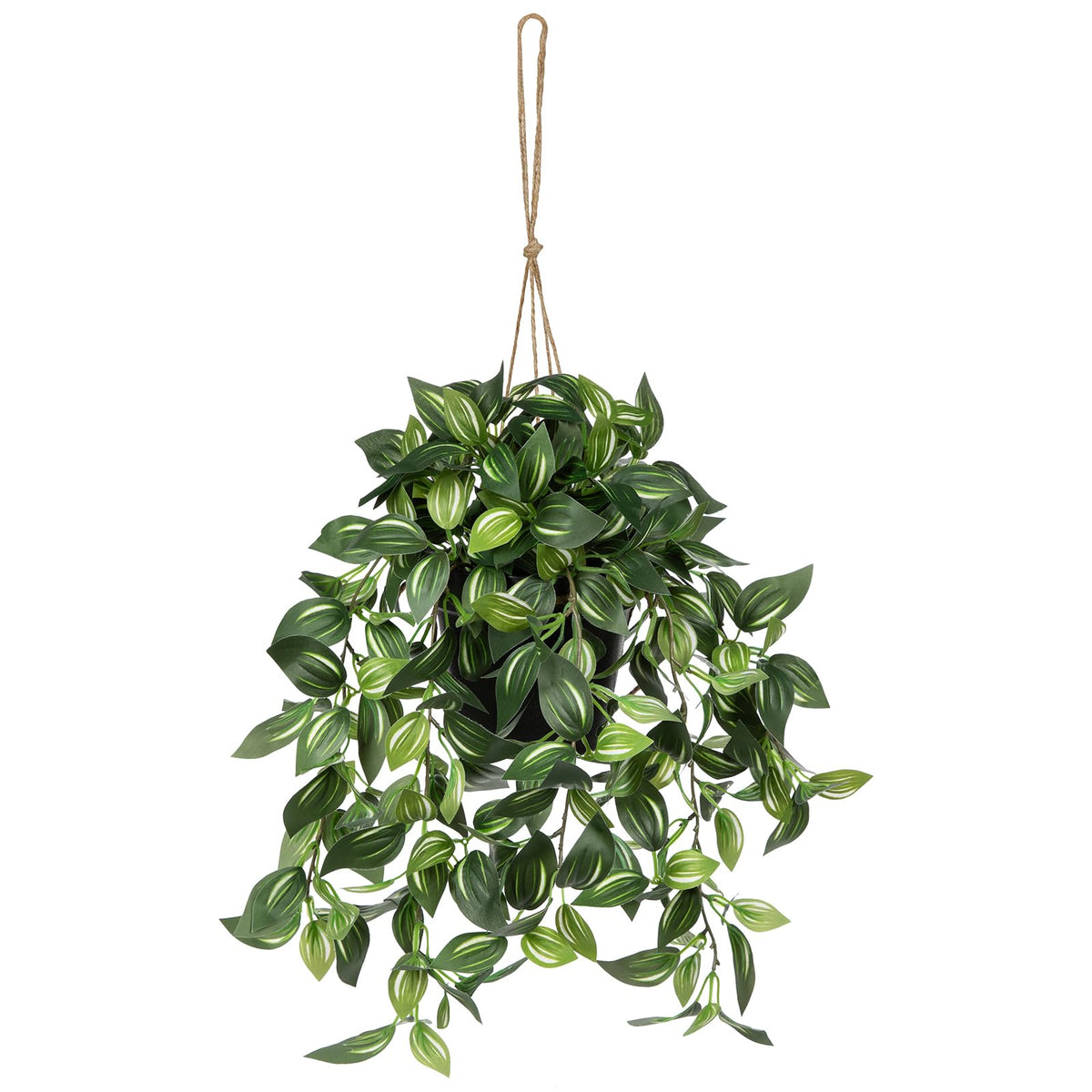 Briful artificial hanging plant in black pot with cascading leaves for indoor décor versatility.