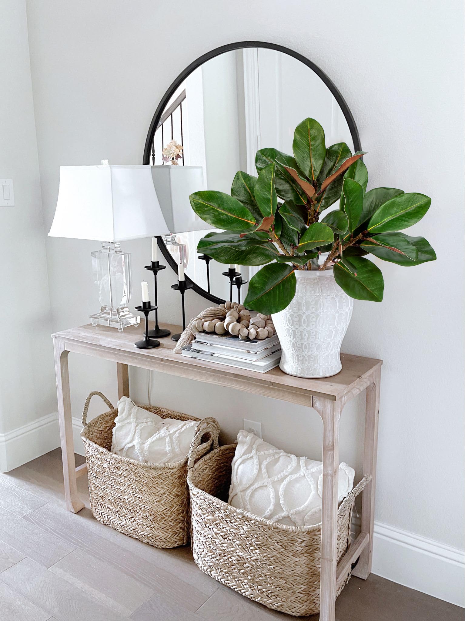 Briful artificial magnolia leaves add sophisticated greenery to shelves and mantels.