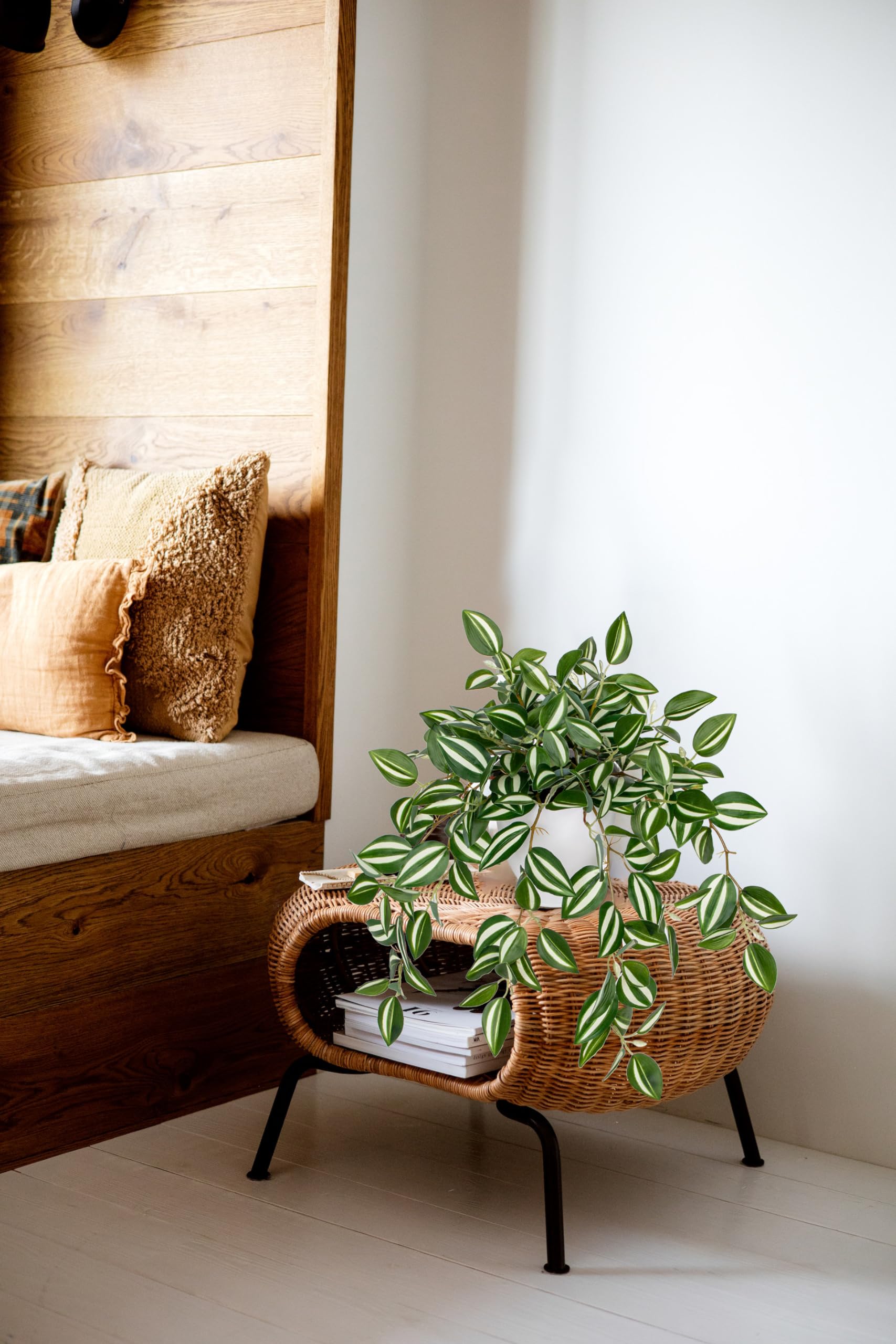 Briful artificial plant on a table scene suitable for home office or living room.