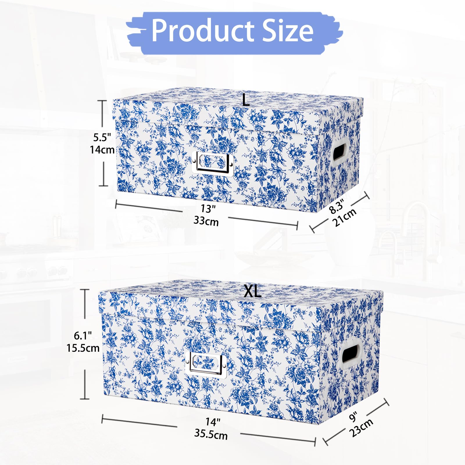 Briful nesting boxes in blue floral pattern fit neatly on shelves.