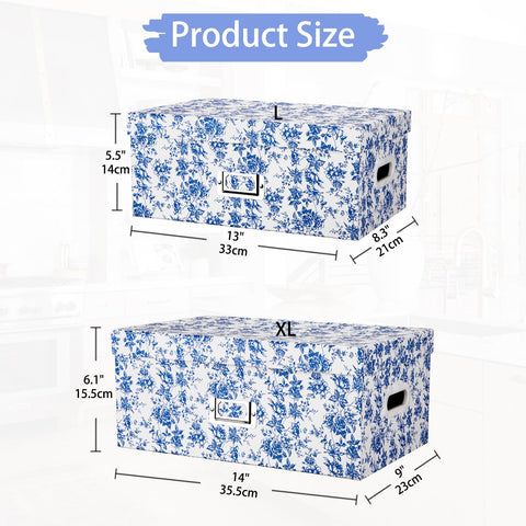 Briful nesting boxes in blue floral pattern fit neatly on shelves.