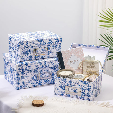 Briful mid-size blue and white porcelain storage box on a mantel.
