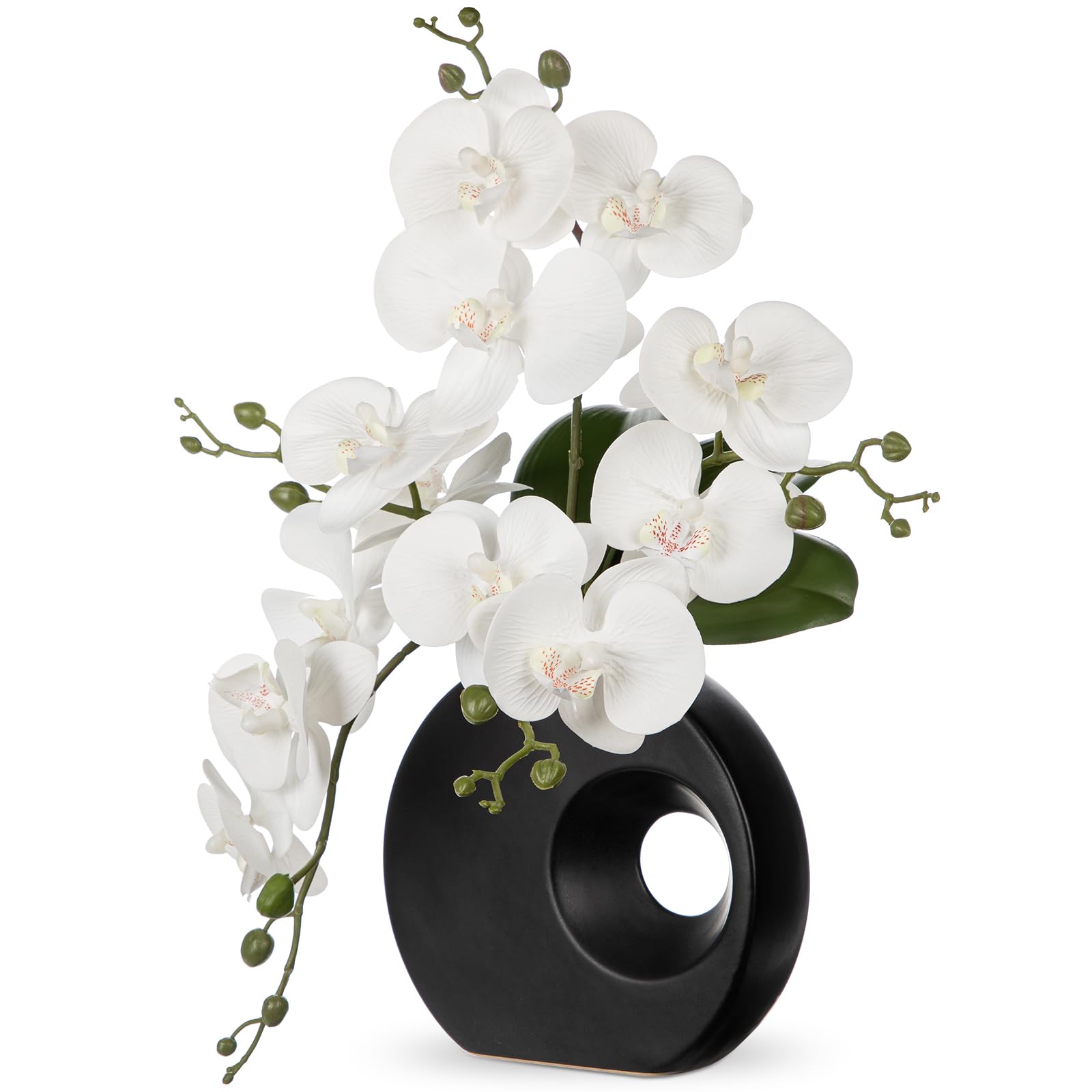 Briful orchid with white silk blooms in a black ceramic vase, ideal for a tall centerpiece.