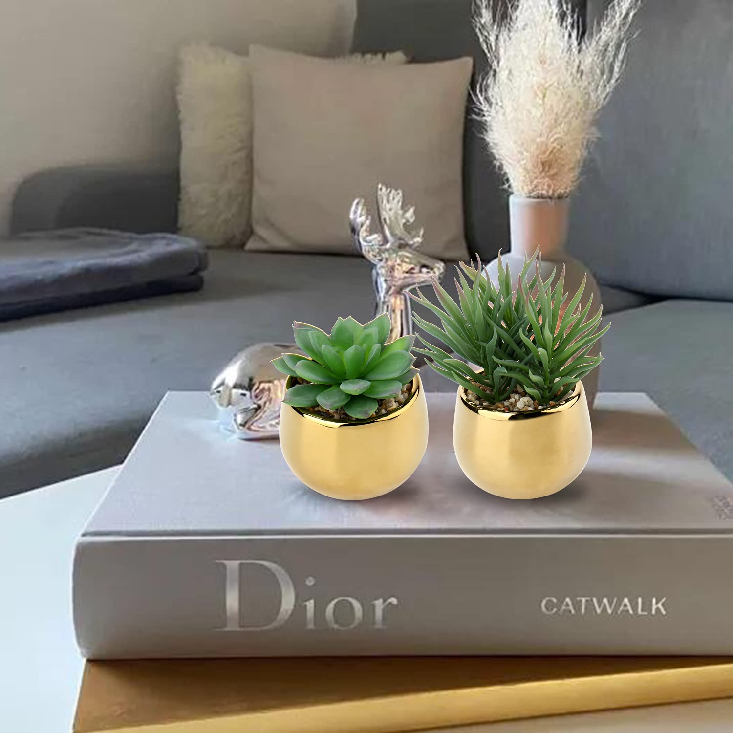 Briful small artificial succulent in gold pot on shelf adds color to space