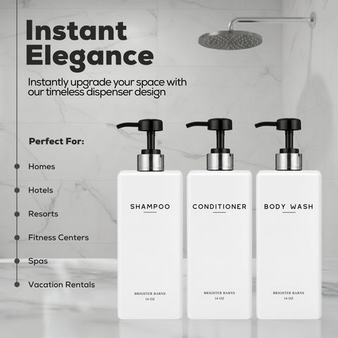 Brighter Barns 16oz PET bottles, durable refillable shower storage.