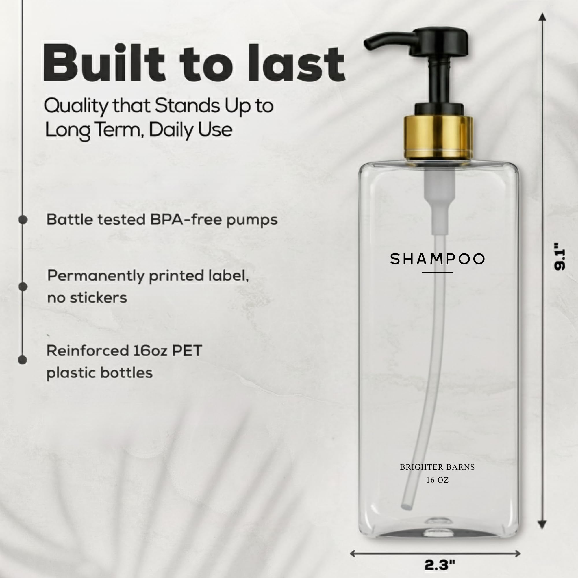 Brighter Barns 16oz PET bottles arranged for easy refilling of shampoo, conditioner, or body wash.