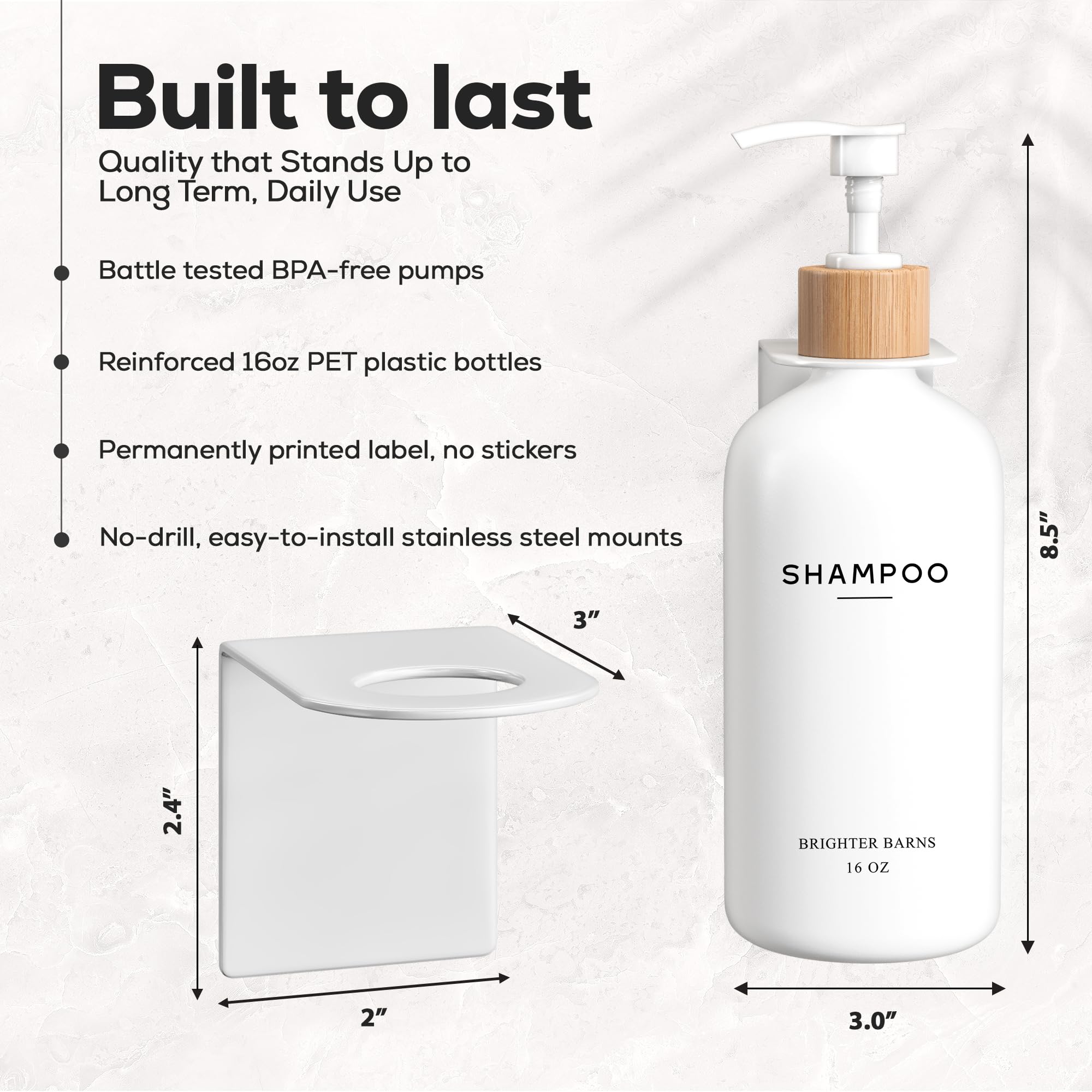Three 16oz Brighter Barns dispenser bottles for shampoo, conditioner, and body wash