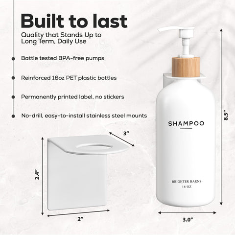 Three 16oz Brighter Barns dispenser bottles for shampoo, conditioner, and body wash