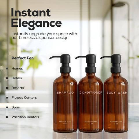 Brighter Barns amber bathroom dispensers create a premium spa-like ambiance in any shower.