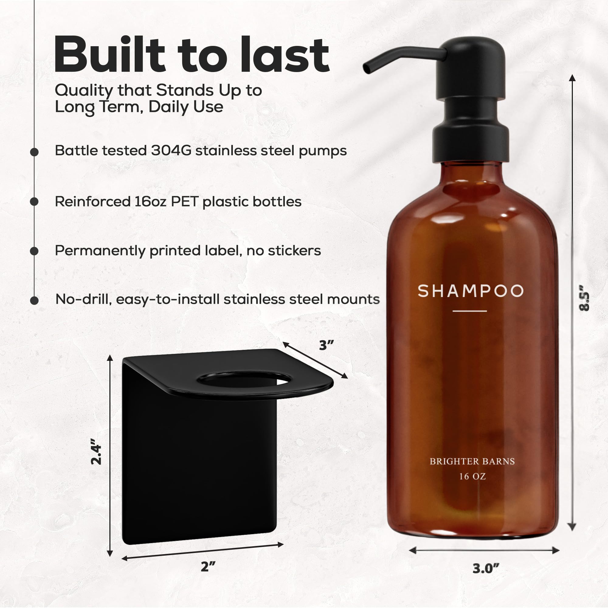 Brighter Barns amber body wash dispenser wall-mount for convenience and style.