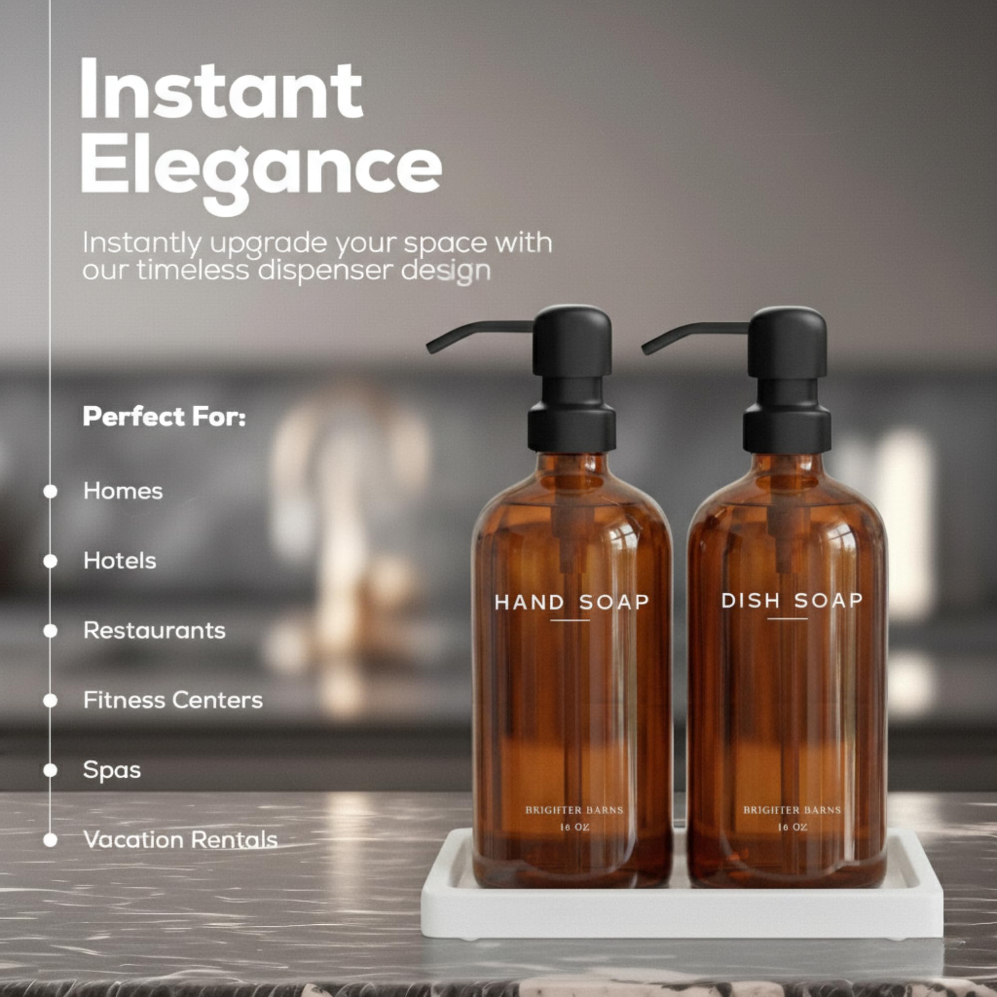 Brighter Barns amber glass dispenser pump close-up with stainless steel pump.
