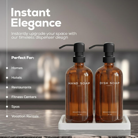 Brighter Barns amber glass dispenser pump close-up with stainless steel pump.