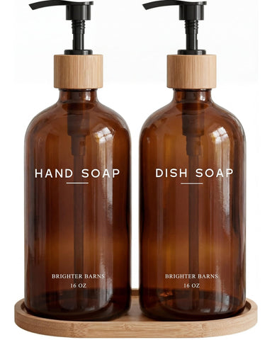 Brighter Barns amber glass hand dispenser for a stylish sink setup