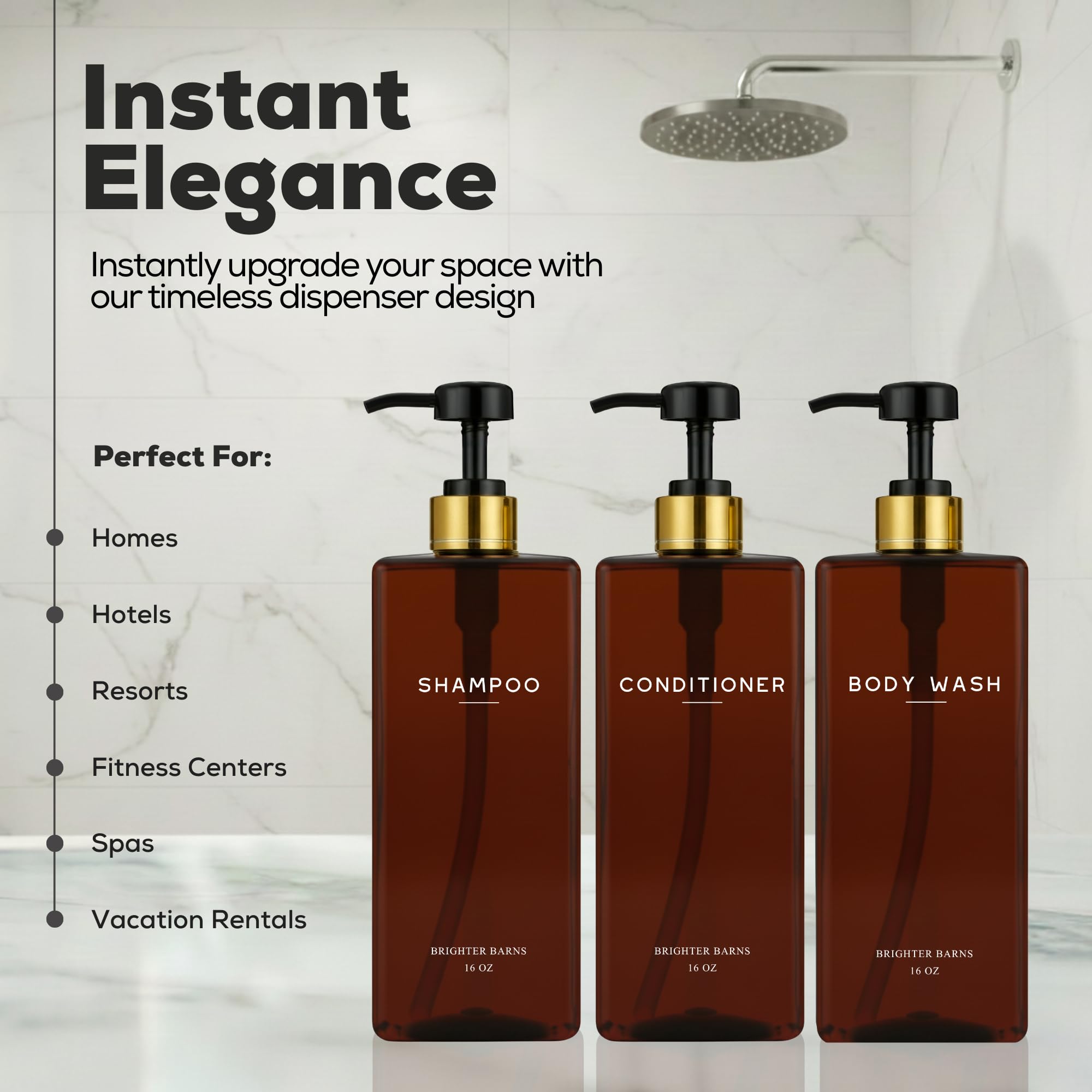 Brighter Barns amber dispenser bottles hold shampoo and conditioner neatly