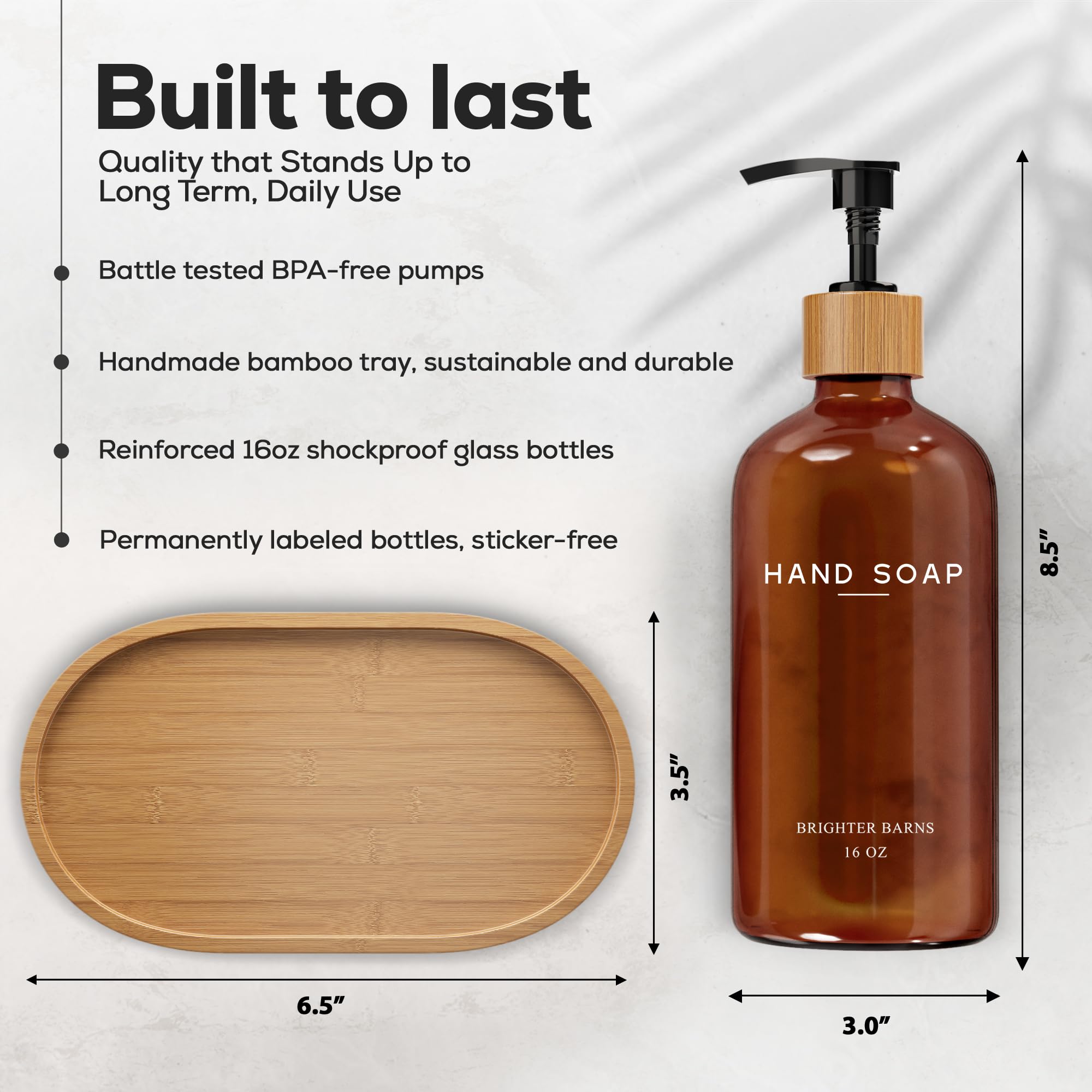 Brighter Barns bamboo pump on amber glass ensures durable, smooth dispensing