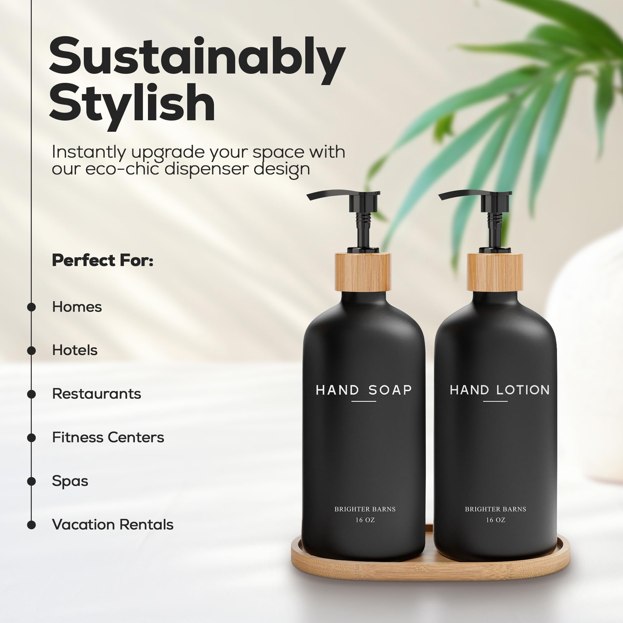 Brighter Barns bamboo pumps mounted on glass bottles for everyday easy use.