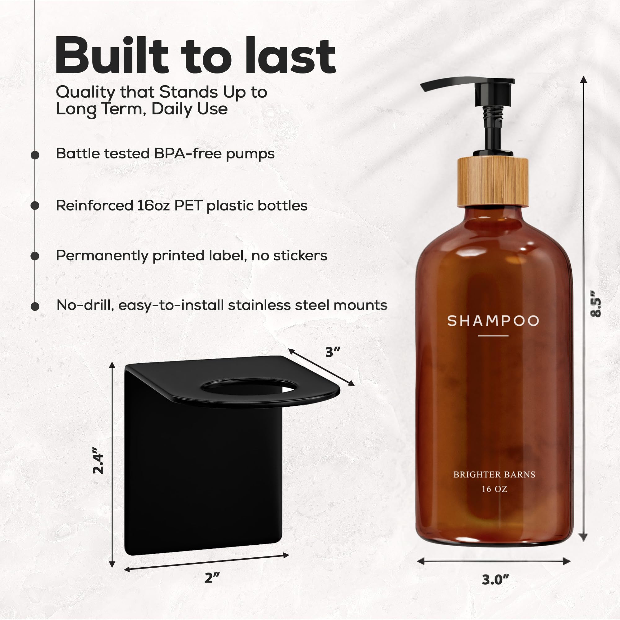 Brighter Barns bamboo pump detail on amber dispenser indicating rustproof, durable quality.