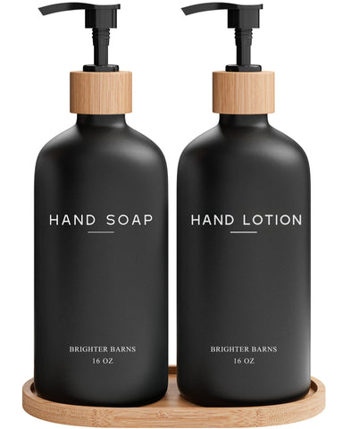 Brighter Barns black glass dispenser set with two bottles, for a sleek bathroom display.