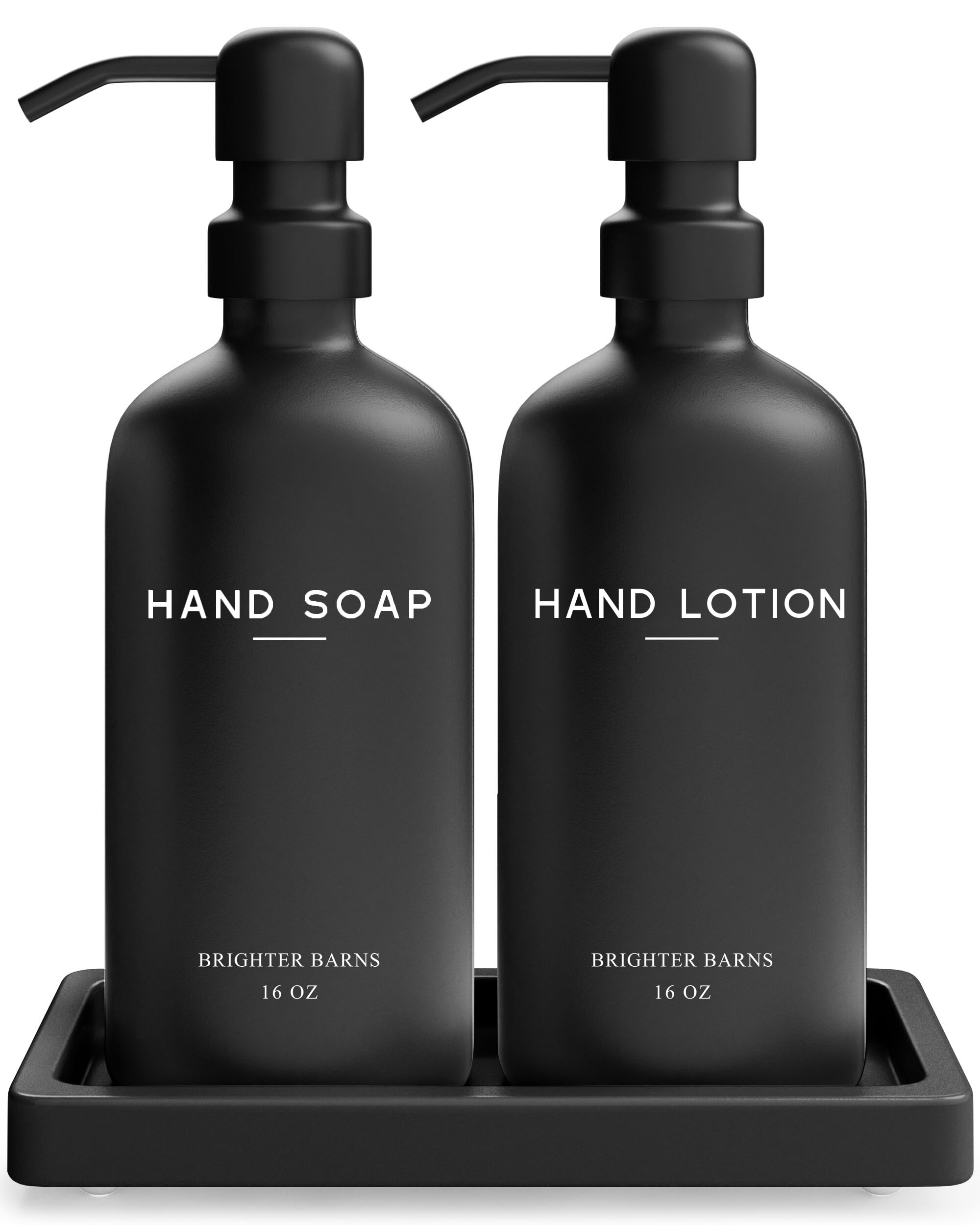 Brighter Barns black glass soap dispenser set on counter, elevating modern bathroom aesthetics.