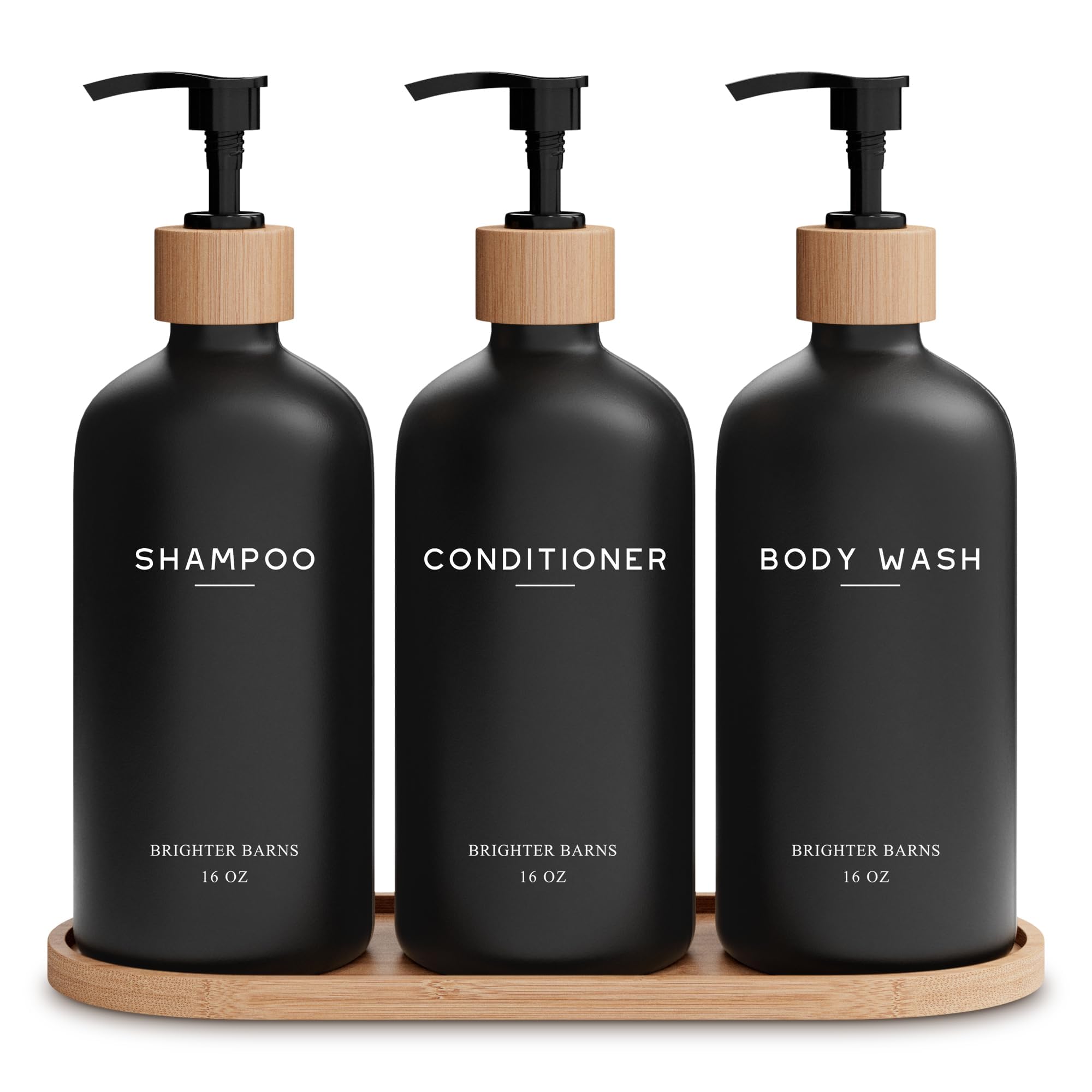Brighter Barns black shampoo dispenser with bottle pour for a sleek, organized shower