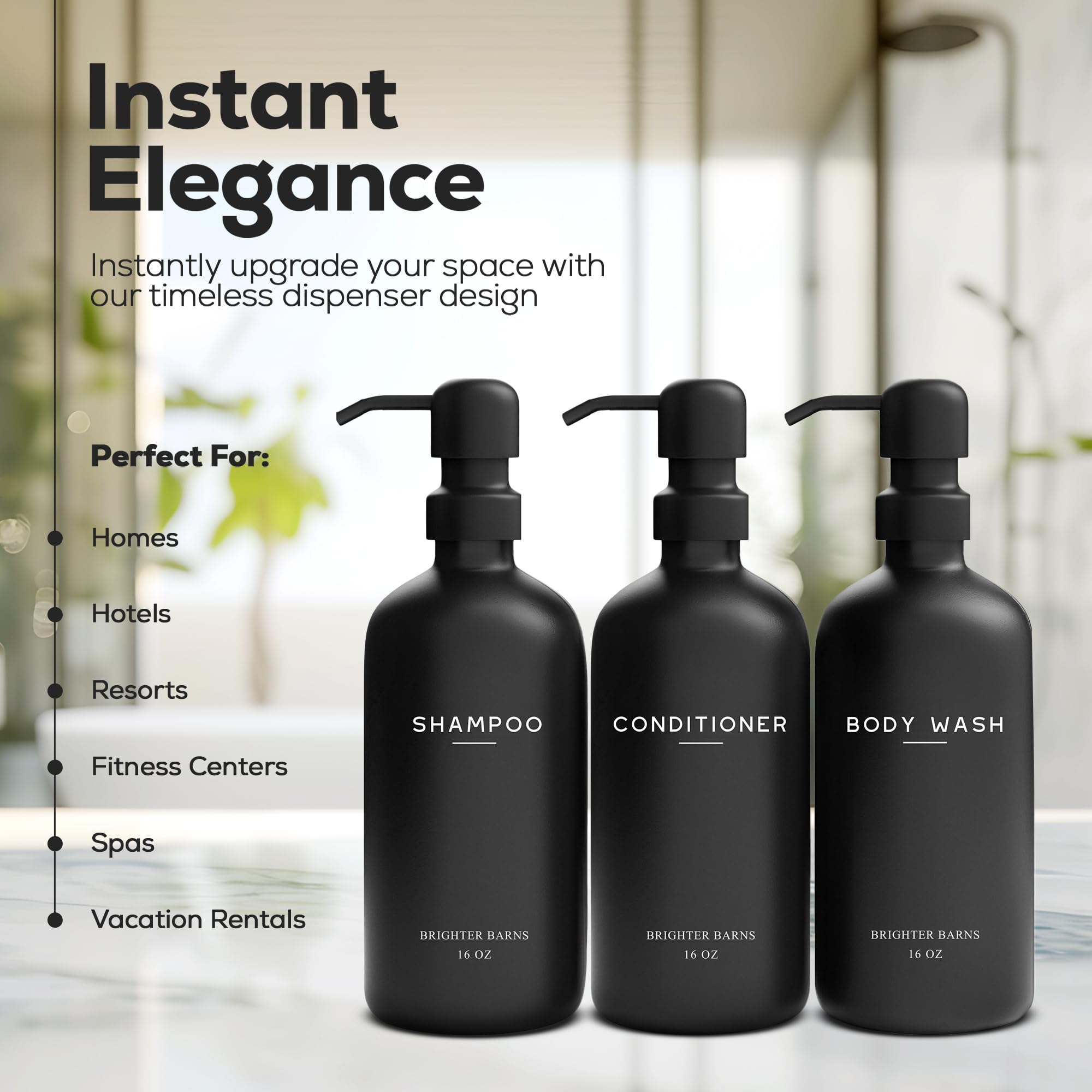 Brighter Barns black dispenser bottles add sleek bathroom decor.
