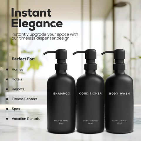 Brighter Barns black dispenser bottles add sleek bathroom decor.