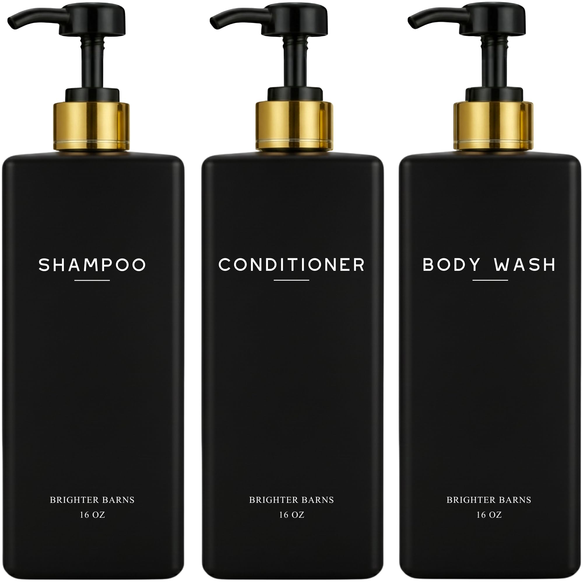 Brighter Barns black shampoo dispenser set packaging, gift-ready presentation for upscale bathrooms.
