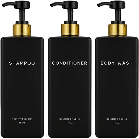 Brighter Barns black shampoo dispenser set packaging, gift-ready presentation for upscale bathrooms.