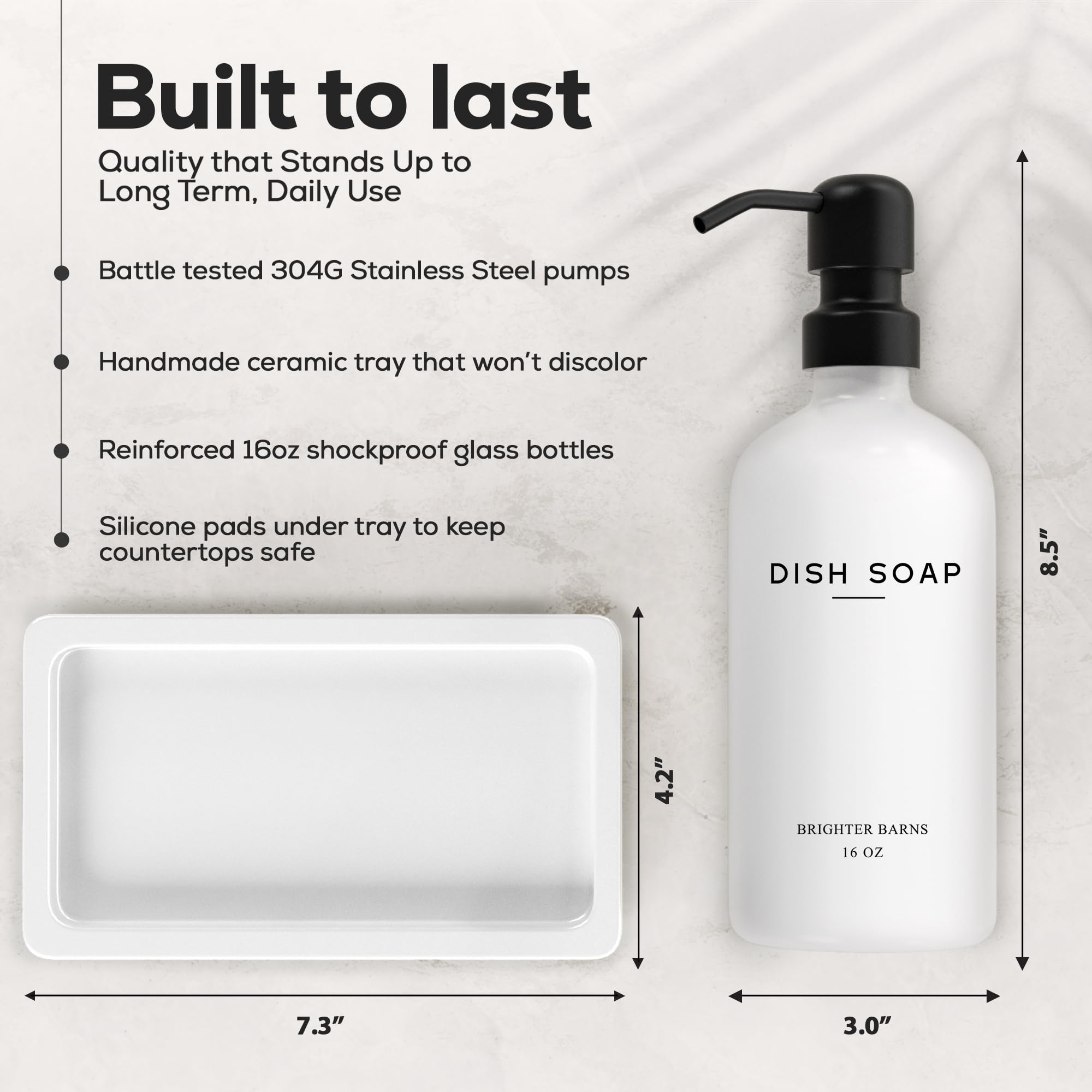 Brighter Barns ceramic tray supporting glass dispensers and keeping counters dry