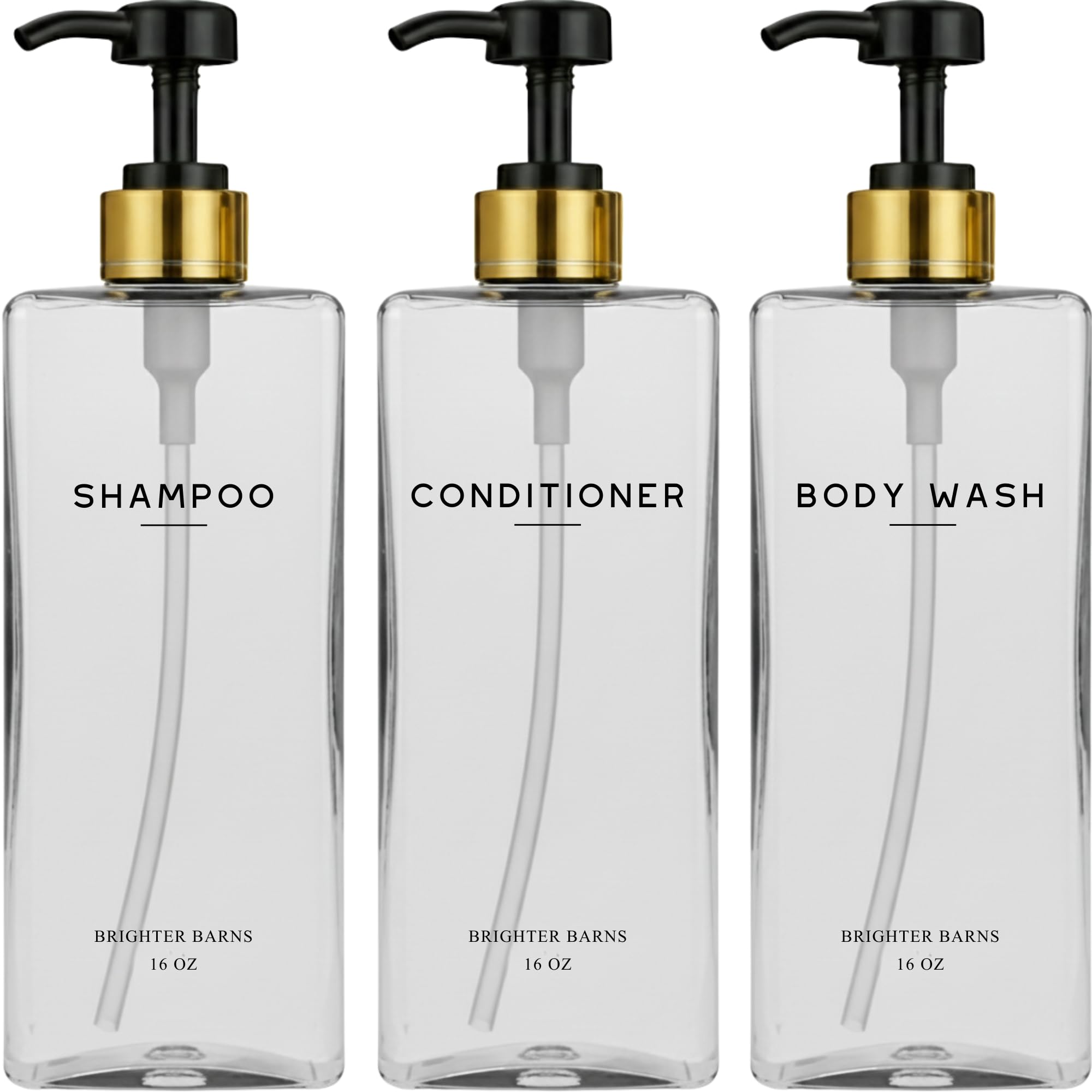 Brighter Barns Clear Shampoo Dispenser Set on a minimalist bathroom shelf for chic, organized storage.