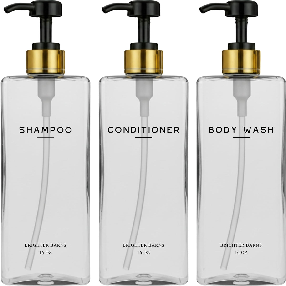 Brighter Barns Clear Shampoo Dispenser Set on a minimalist bathroom shelf for chic, organized storage.