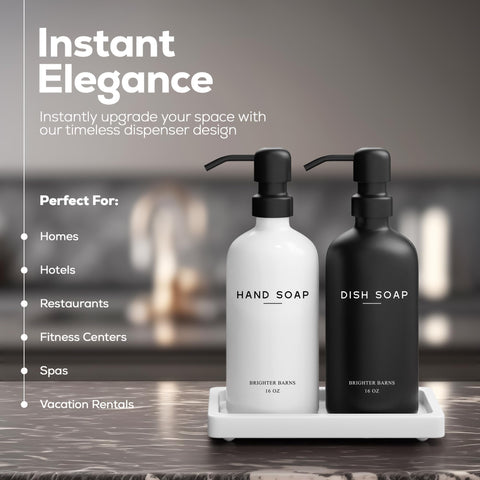 Brighter Barns glass dish-dispenser set near sink for dish soap use.
