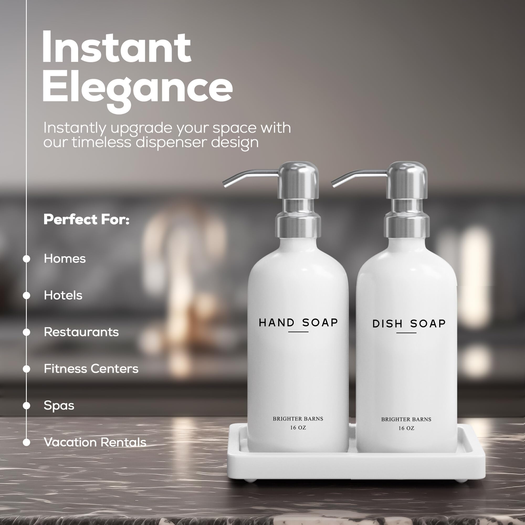 Brighter Barns glass dispenser pumps close-up showing durable stainless steel design.