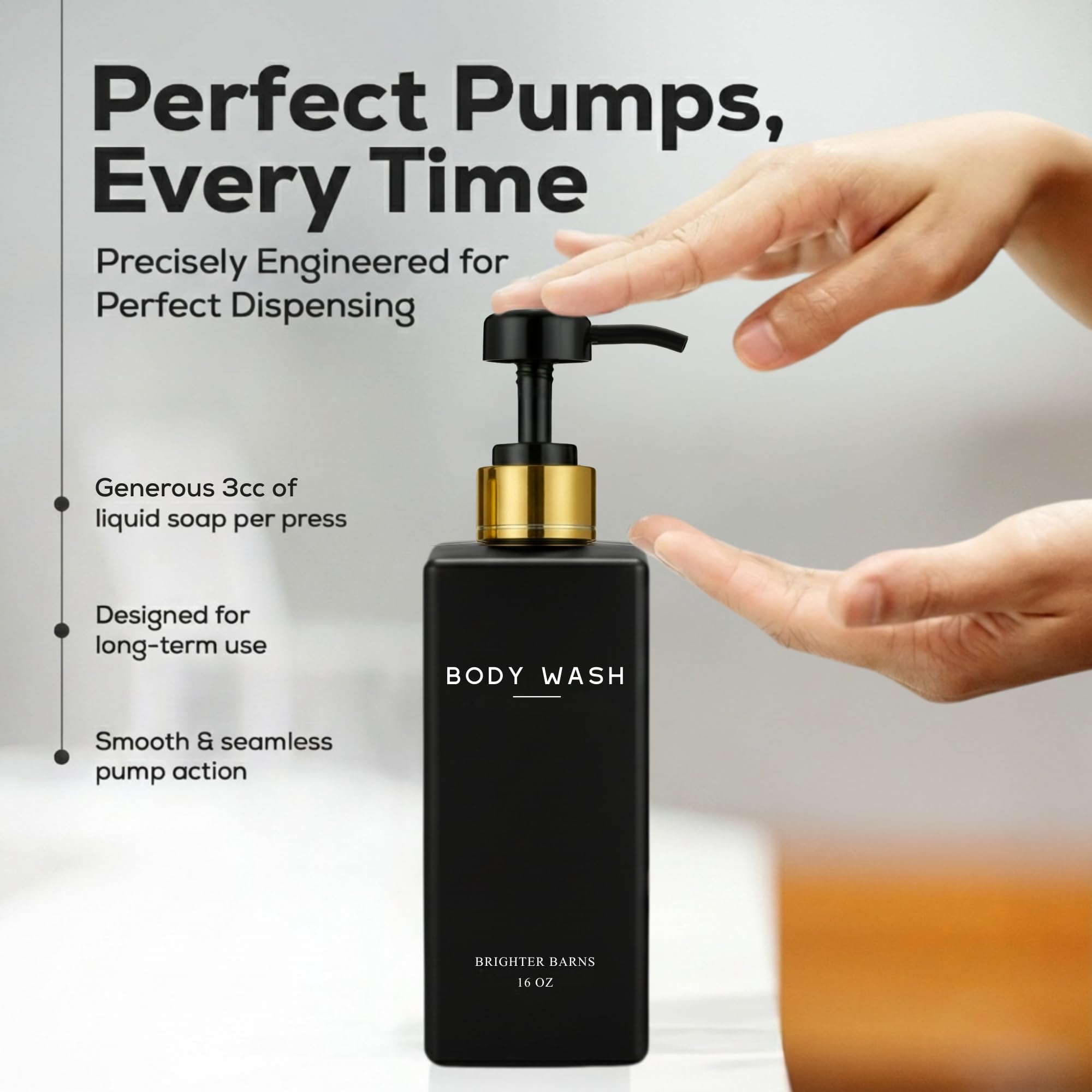 Brighter Barns gold-accent dispensers add elegant contrast to bathroom decor.