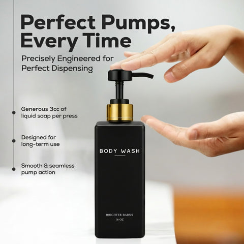 Brighter Barns gold-accent dispensers add elegant contrast to bathroom decor.