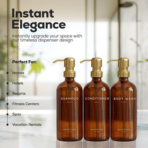 Brighter Barns amber bottle dispenser with gold pump, perfect for shower organization.