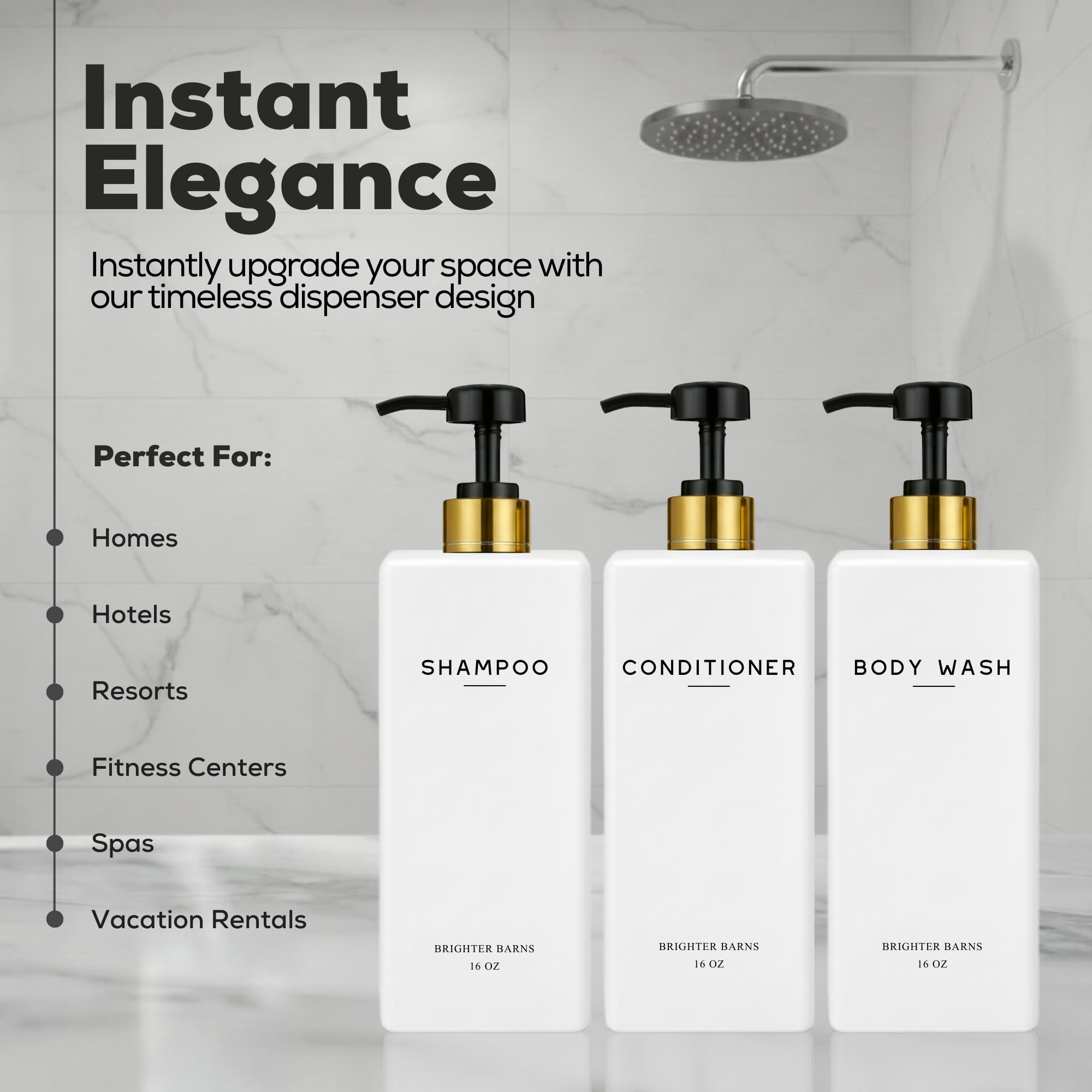 Brighter Barns gold pump dispensers add luxury to bath and shower areas