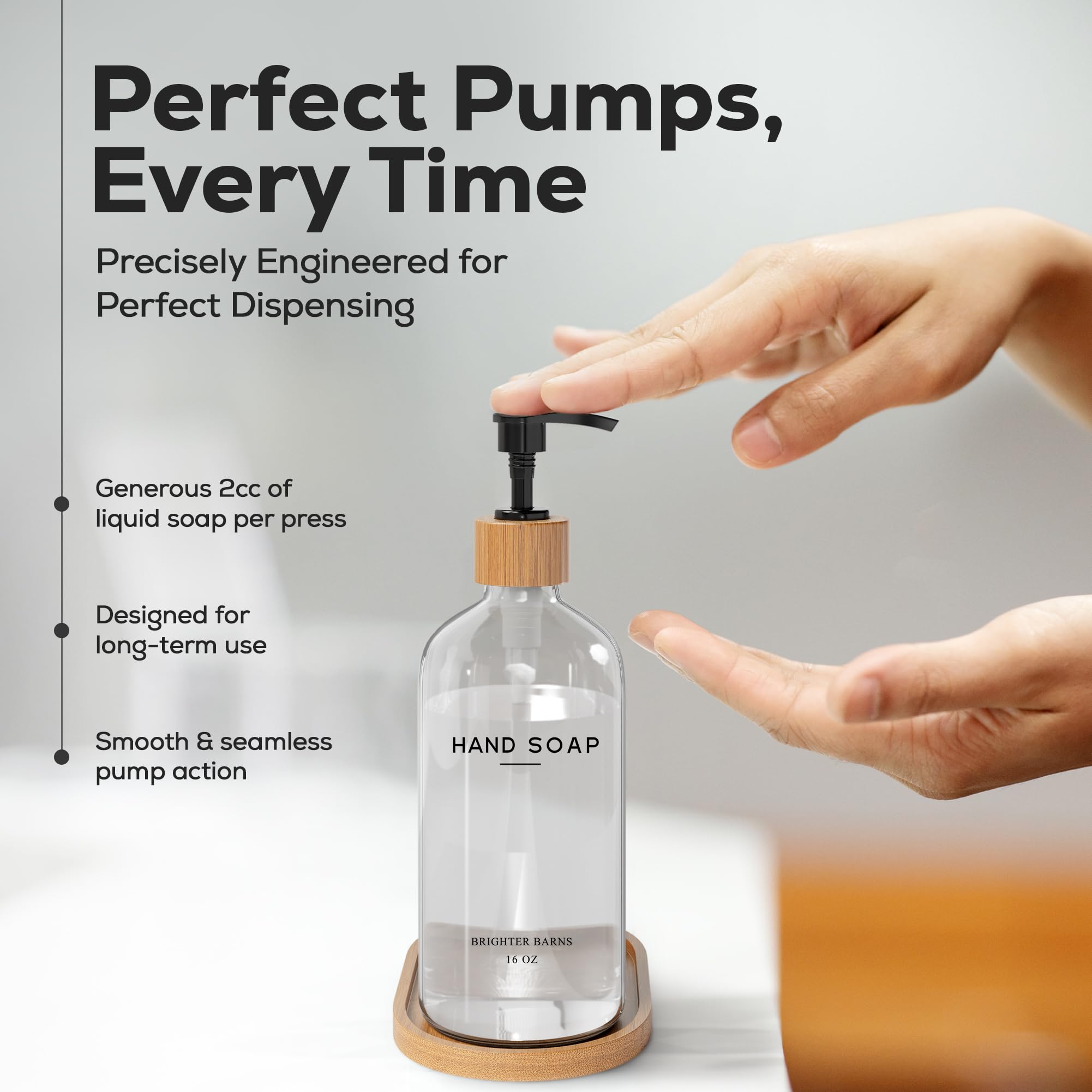 Brighter Barns hand soap dispenser on bamboo tray in kitchen