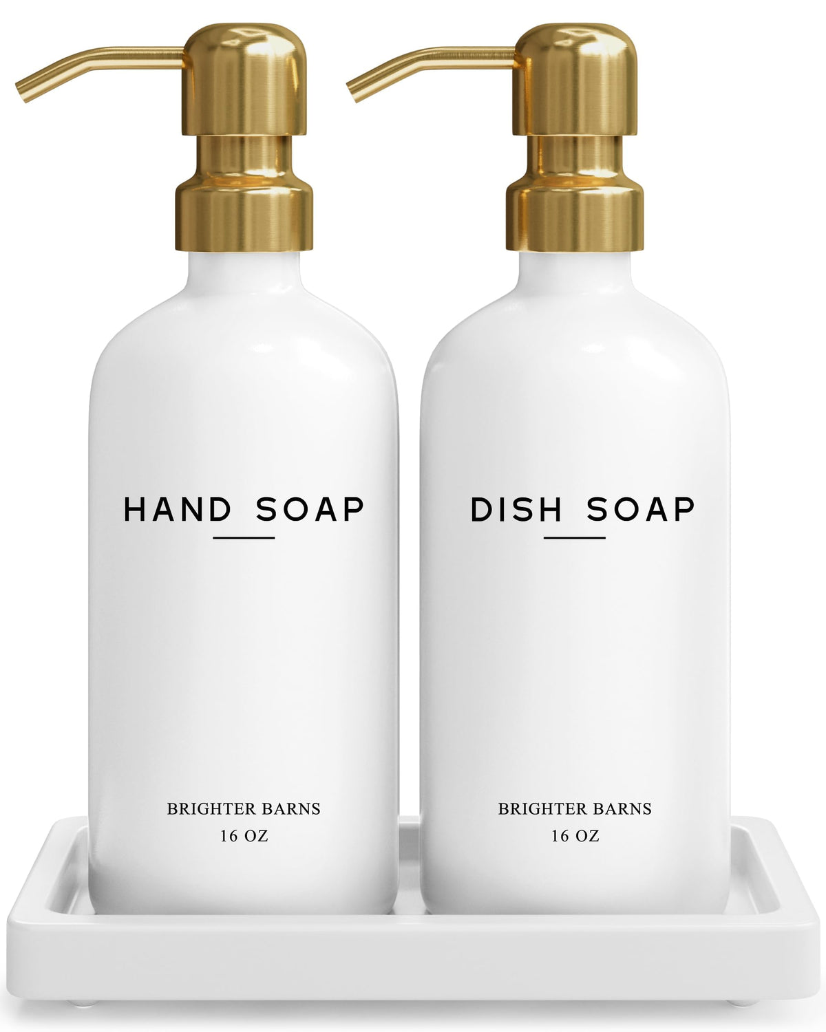 Brighter Barns luxury glass soap dispenser set with gold pumps and tray for stylish kitchen use