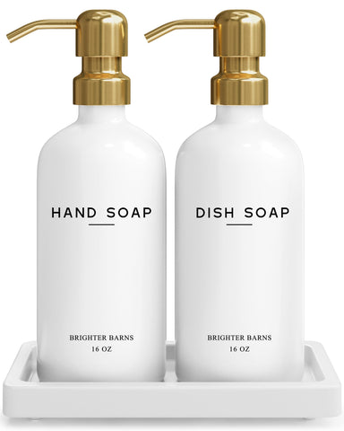 Brighter Barns luxury glass soap dispenser set with gold pumps and tray for stylish kitchen use