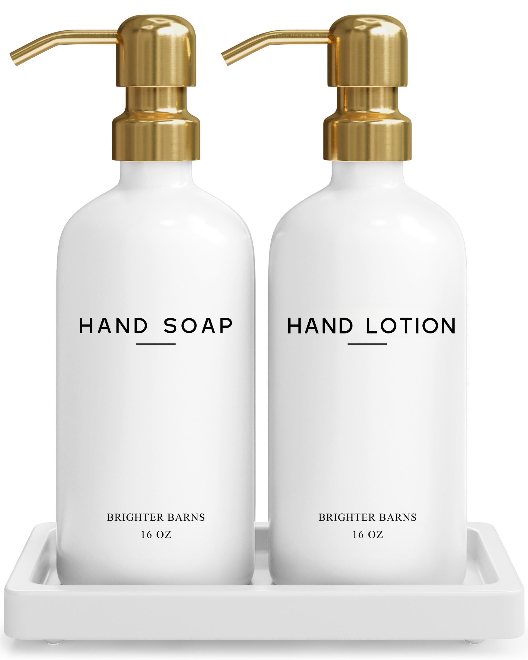 Brighter Barns luxury glass soap dispenser set with gold accents for upscale bathrooms.